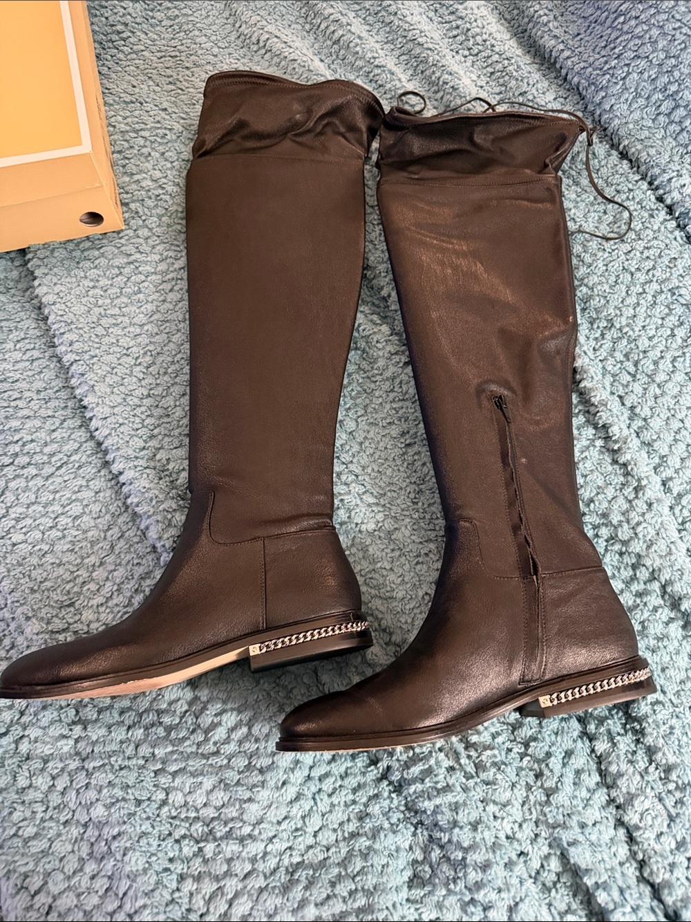 Michael Kors Black Leather Jamie Flat Over-the-Knee Boots with Chain Heel Detail